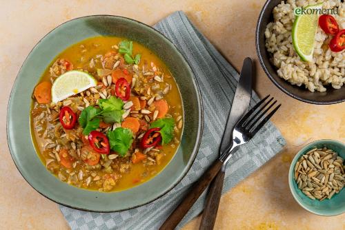 Ayurvedische rode linzenstoof met verse koriander