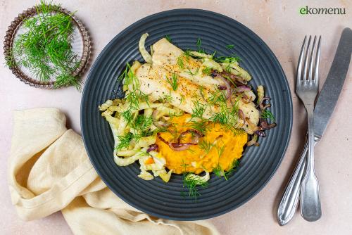 Gebakken heekfilet met venkel en wortelcrème