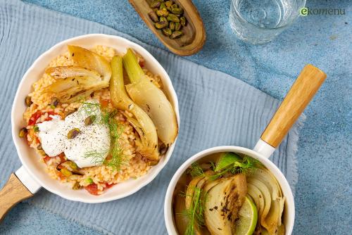 Tomatenrisotto met burrata, pistache