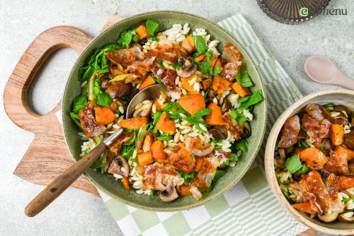 Orzo met pompoen, pancetta