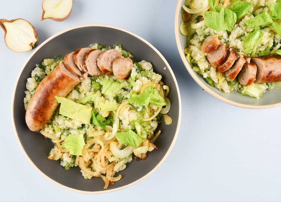 Andijvie-bloemkoolstamppot met saucijzen