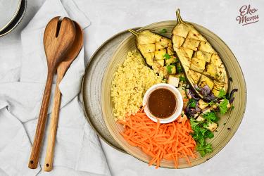 Bulgur bowl met gegrilde aubergine