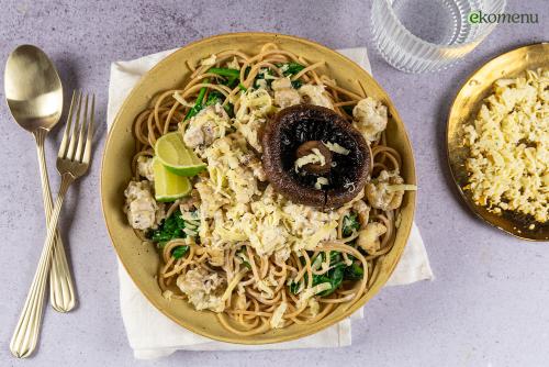 Spaghetti Alfredo met portabella