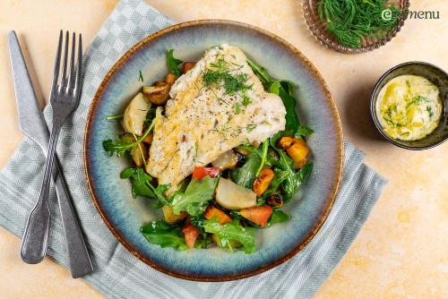 Schelvisfilet met geroosterde groenten en mosterd-limoensaus
