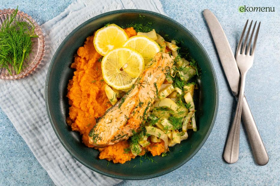 Zalmfilet met dilleboter, wortelpuree en venkel