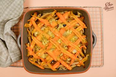 Pasta met vegan wortel bacon