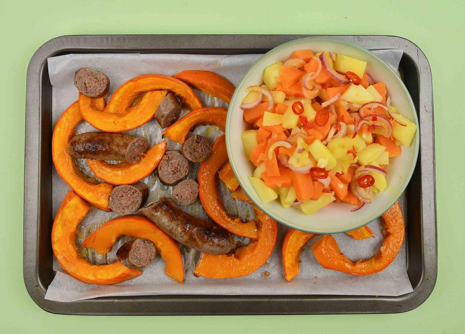 Saucijzen met geroosterde pompoen