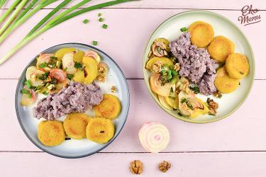 Paarse zoete aardappelpuree met bietenmix
