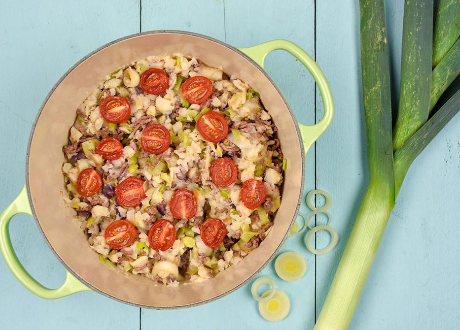 Prei-knolselderij stamppot met gehakt