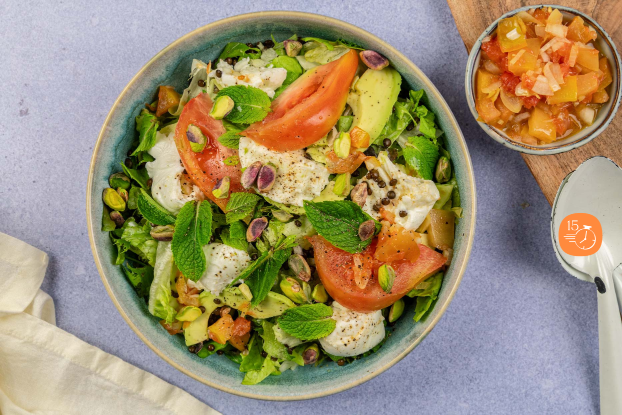 Salade met pistache, mozzarella en grapefruit-chutney