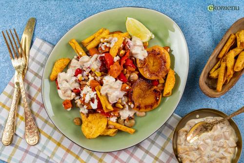 Mexicaanse traybake met frisse perzikdip