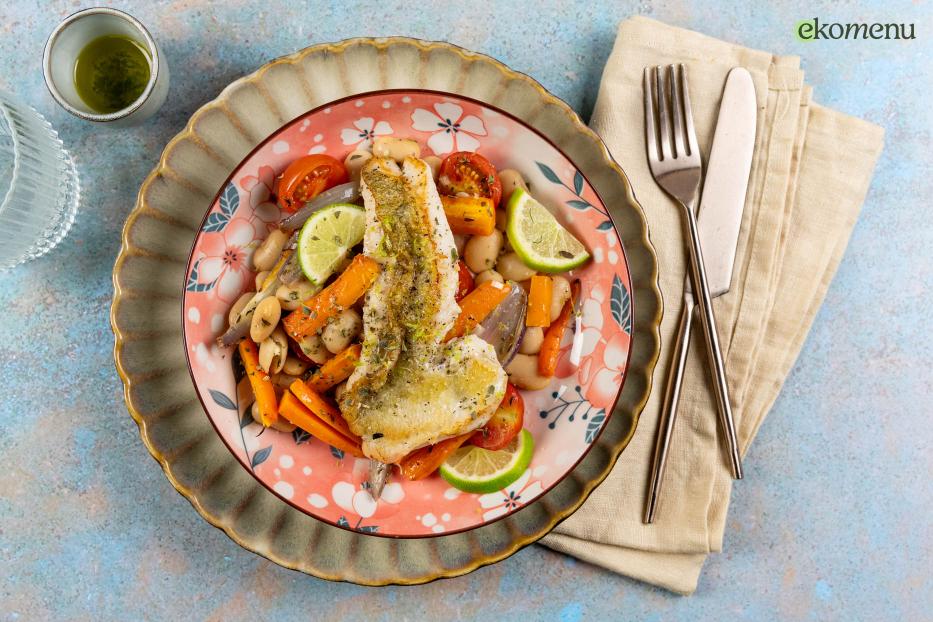 Roodbaarsfilet met boterbonensalade en limoen-olie