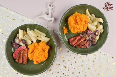 Schorseneren met bavette en pompoenpuree