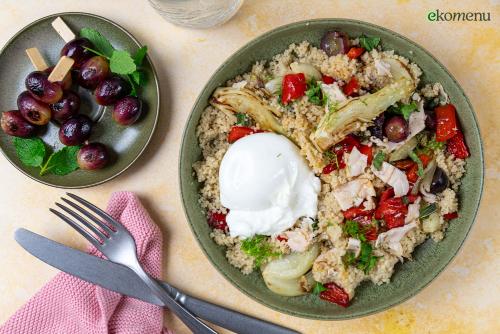 Geroosterde druiven met burrata en mortadella