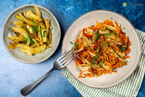 Makreel met spicy wortel-gemberspaghetti